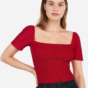 Express smocked lace sleeve top red
